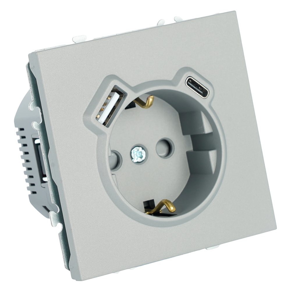 Розетка 1-местная з/ш с/з 16А + USB + Type C (механизм), Stekker, 250В, 20W, серия Эмили, платиново-серый, soft-touch, RST16-5119-10