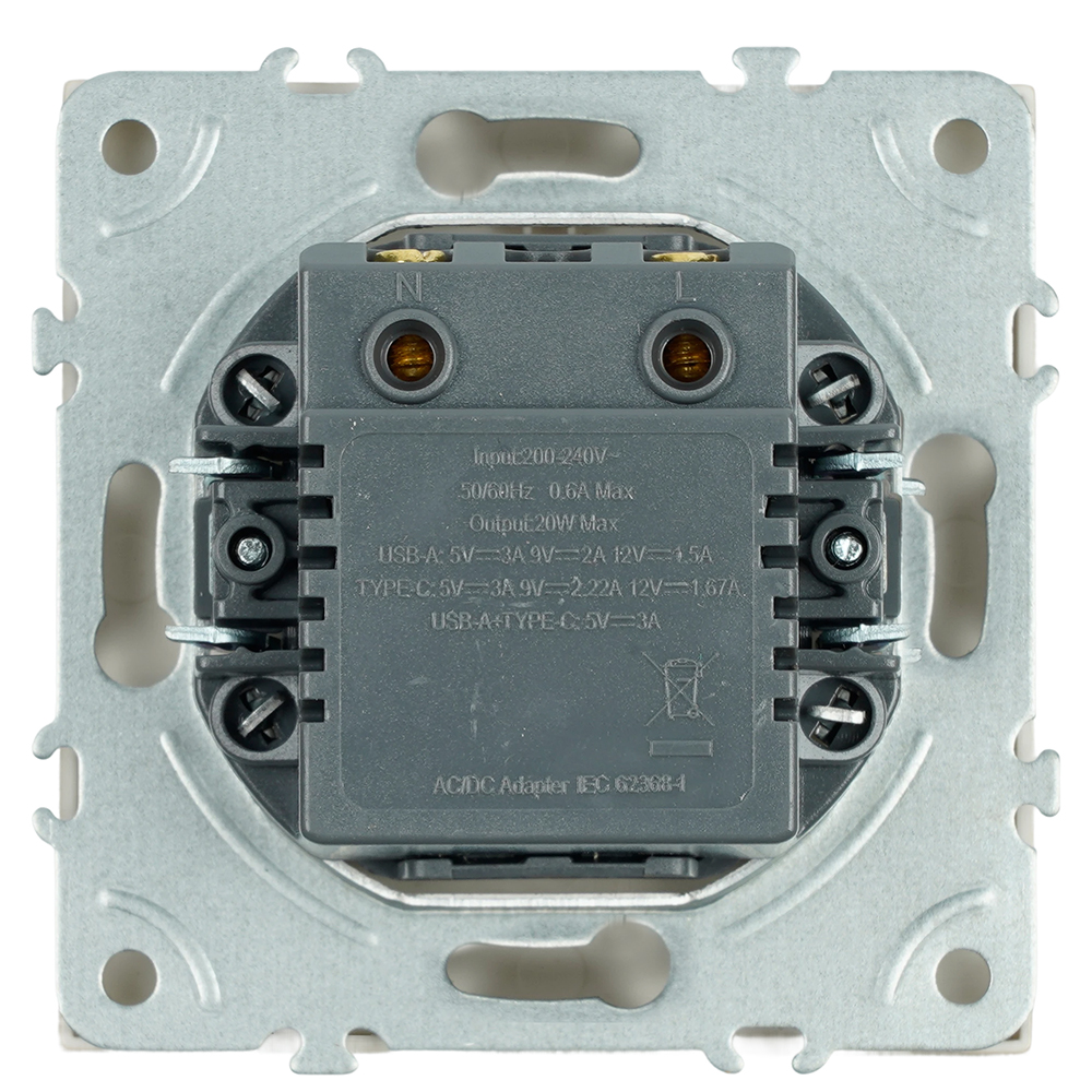 Розетка 2-местная USB + Type C (механизм), STEKKER, 250В, 20W, серия Эмили, RST10-5115-08, кашемир, soft touch