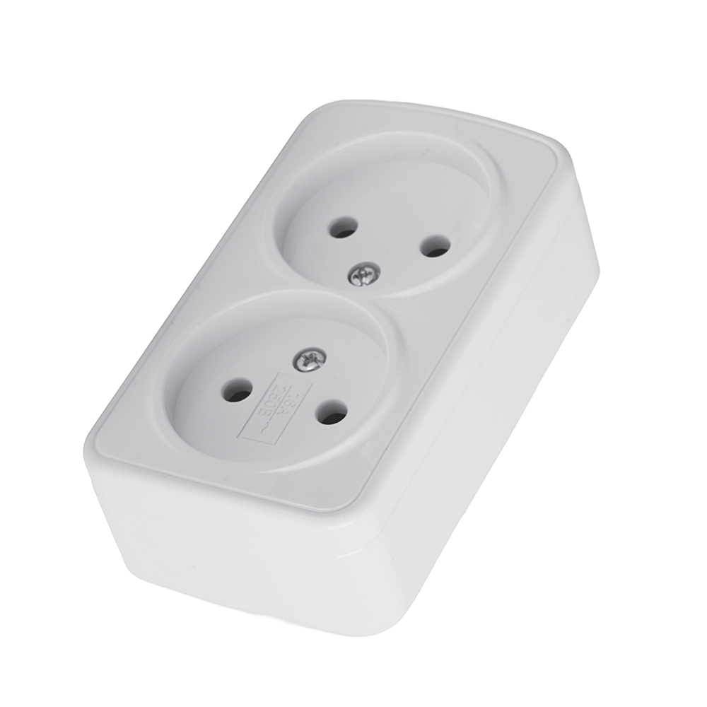 Розетка накладная 2-местная б/з STEKKER, PST10-502-20, пластик АВS, 250В, 16А, IP20, серия Basic, белый