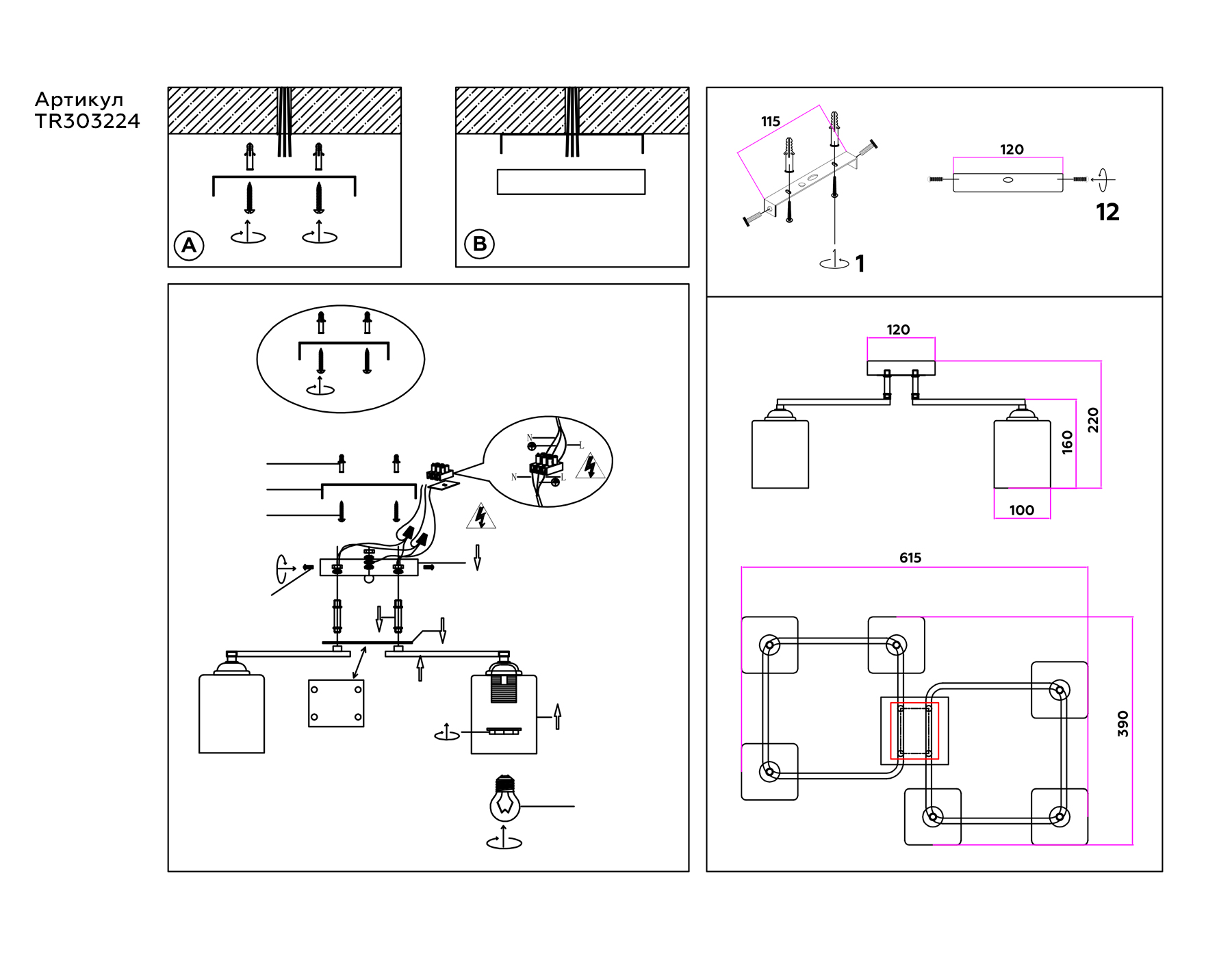 Потолочный светильник TR303224/6 BK/CH/FR черный/хром/белый матовый E27*6 max 60W 615*390*220