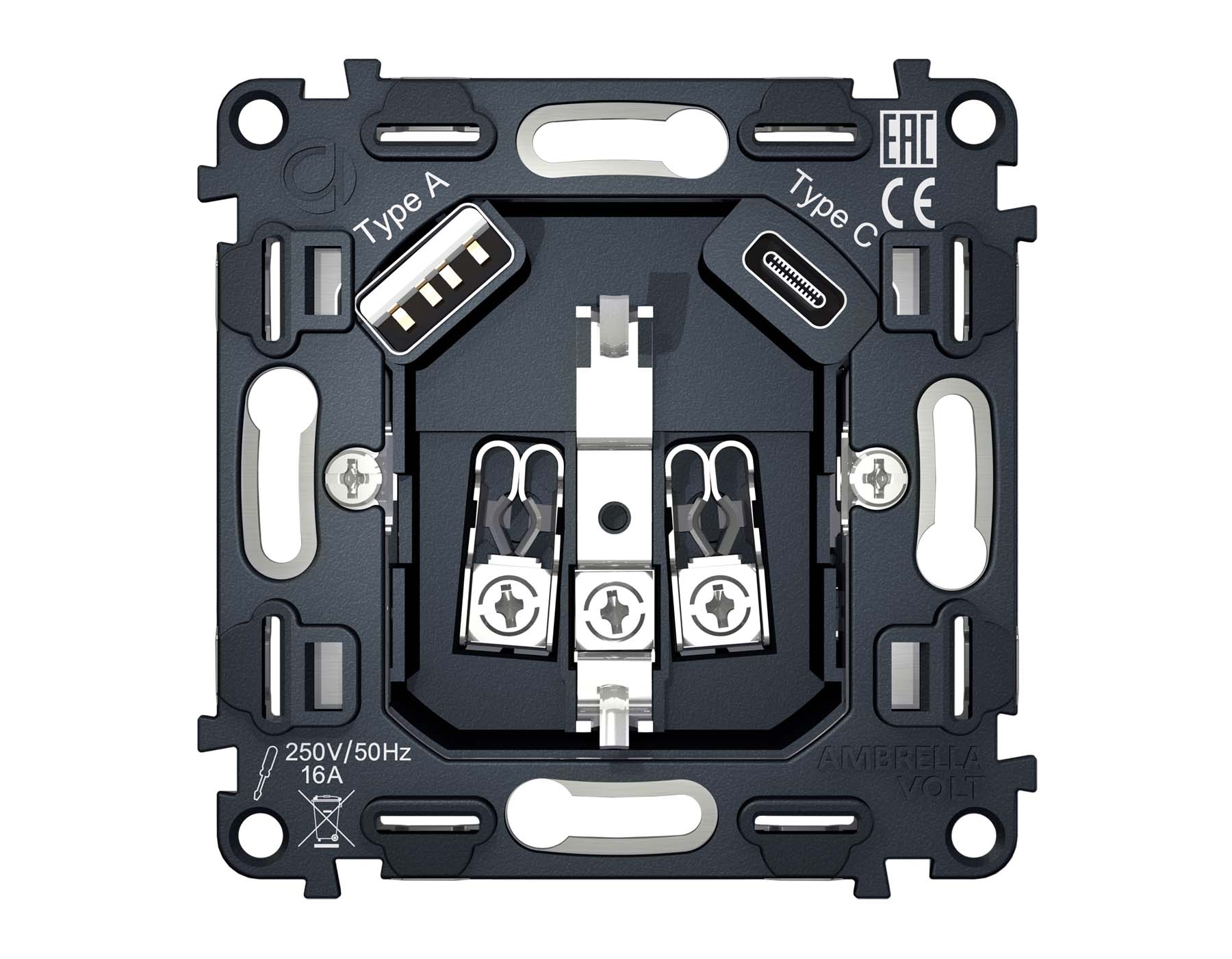 VM160 Механизм электрической розетки 2USB A+C 20W (быстрая зарядка) с/з на винтовых зажимах QUANT
