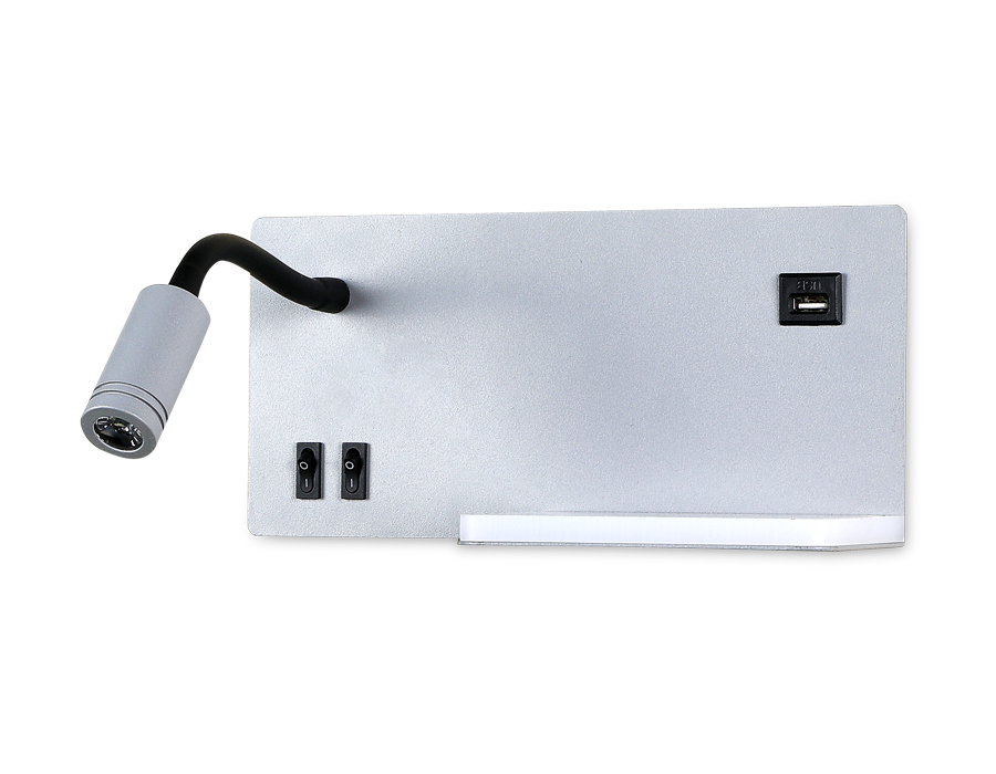 Настенный светодиодный светильник с полкой, выключателем и USB портом Ambrella FW292 GR/BK серый/черный LED 4200K 5W+3W 260*150*110