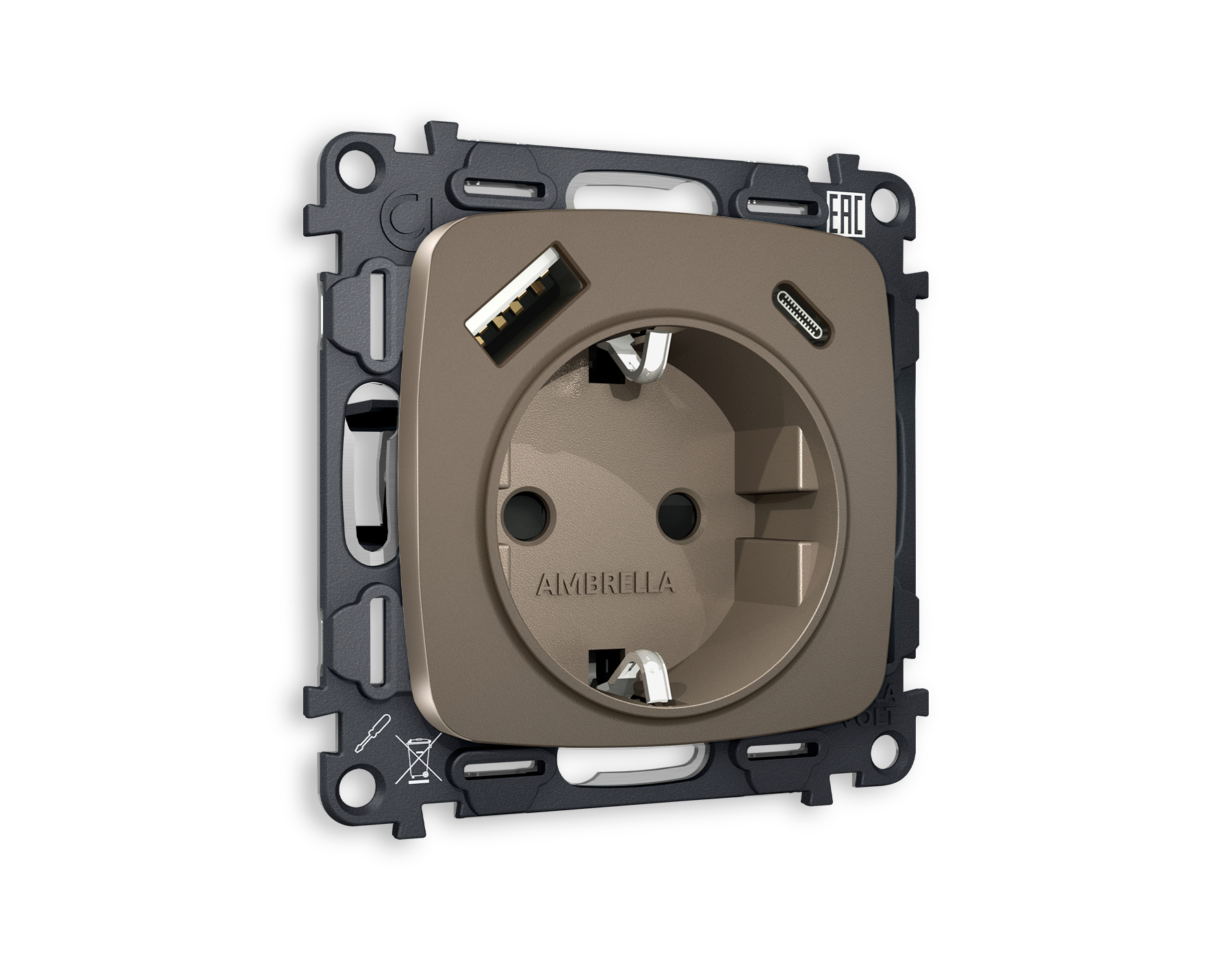 MO640010 Комплект механизма электрической розетки OMEGA Темная бронза матовый 2USB A+C 20W (быстрая зарядка) с/з QUANT (OP6400, VM160)