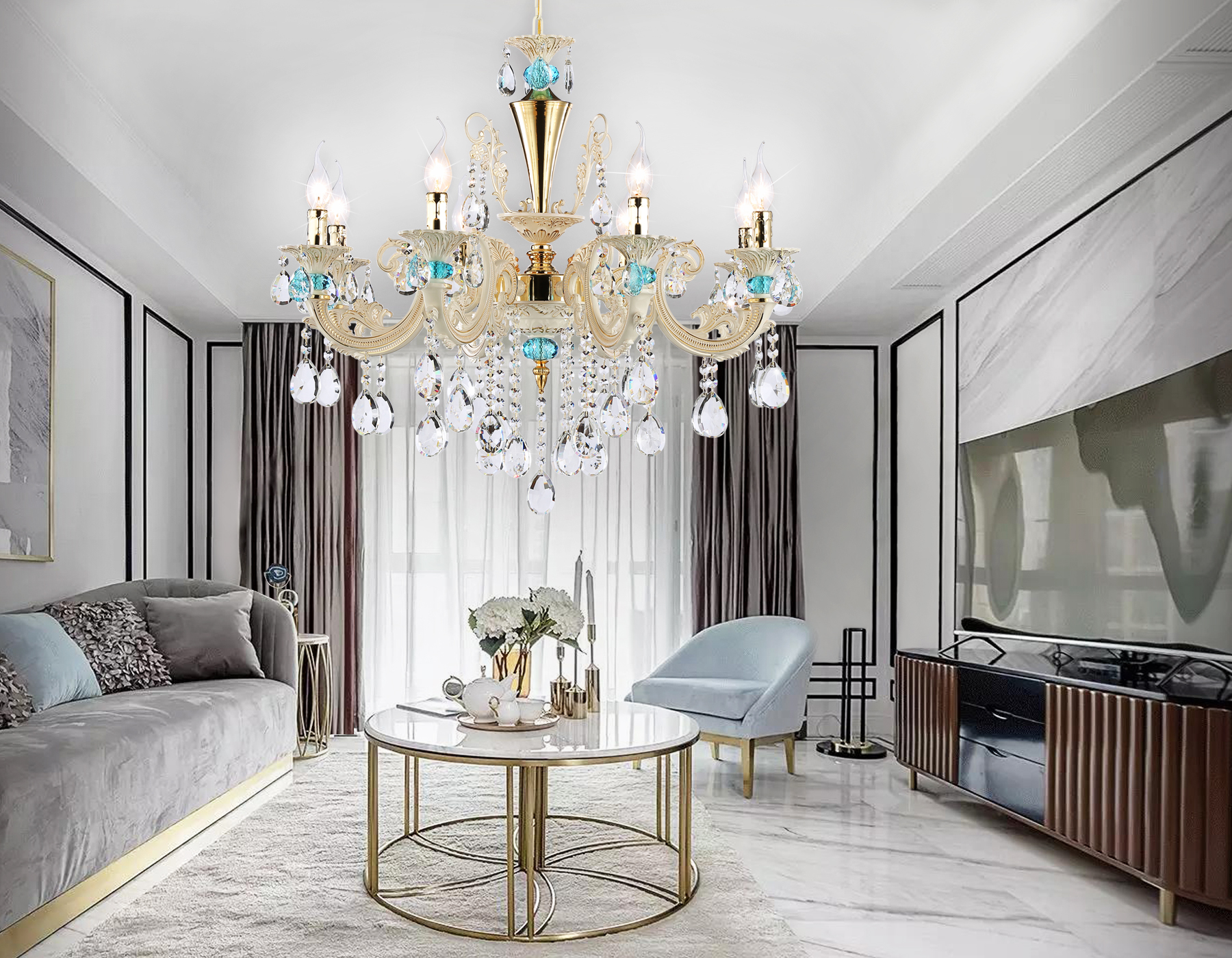 Подвесная люстра TR4926/8 GD/WH/CL золото/белый/прозрачный E14*8 max 40W D740*630