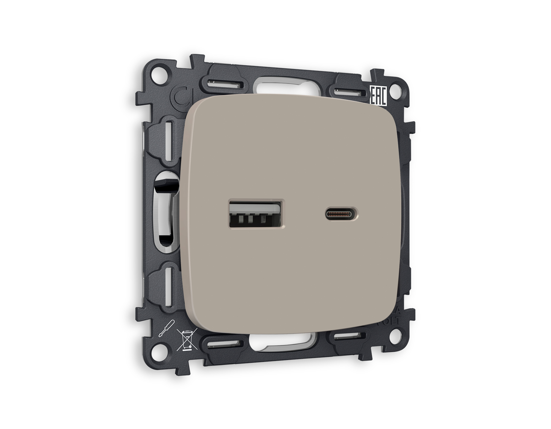 MO371010 Комплект механизма розетки OMEGA Серо-бежевый матовый 2USB A+C 20W (быстрая зарядка) QUANT (OP3710, VM177)