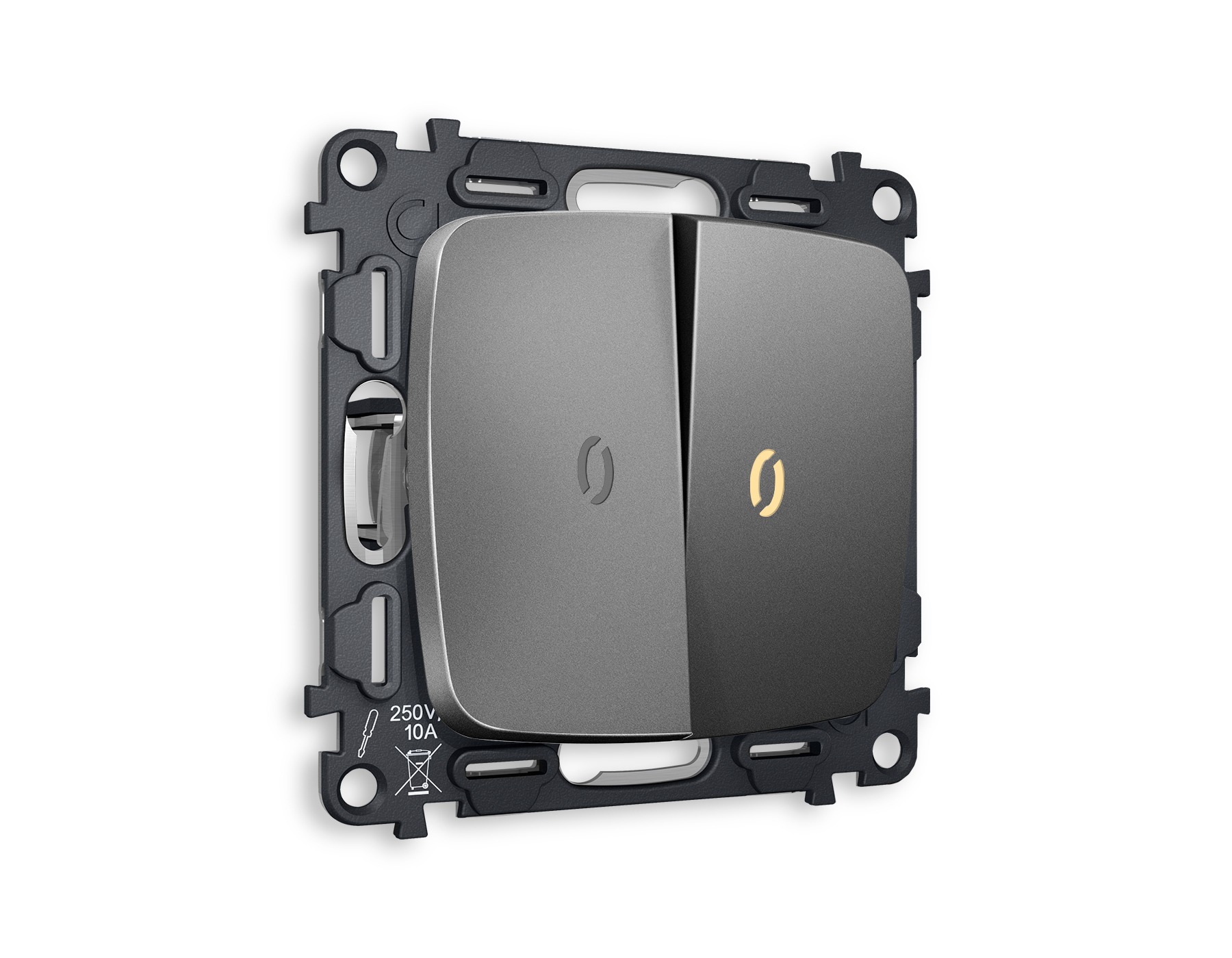 MO654030 Комплект механизма 2-кл проходного выключателя с подсветкой 3200K OMEGA Антрацит серый QUANT (OP6540, VM120, G22Y)