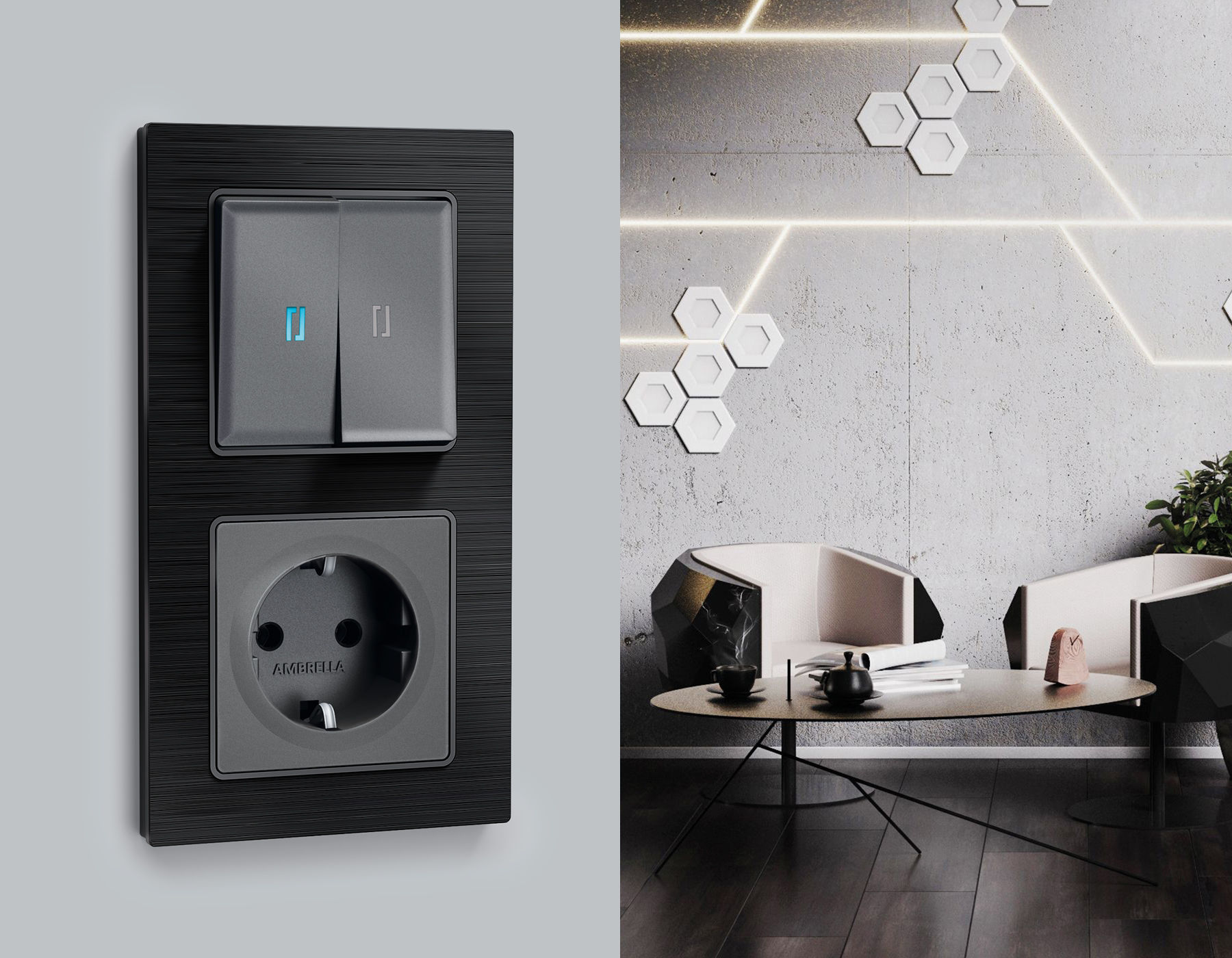 AP6540 Лицевая панель ALFA (Антрацит серый) для 2-кл выключателей с подсветкой QUANT