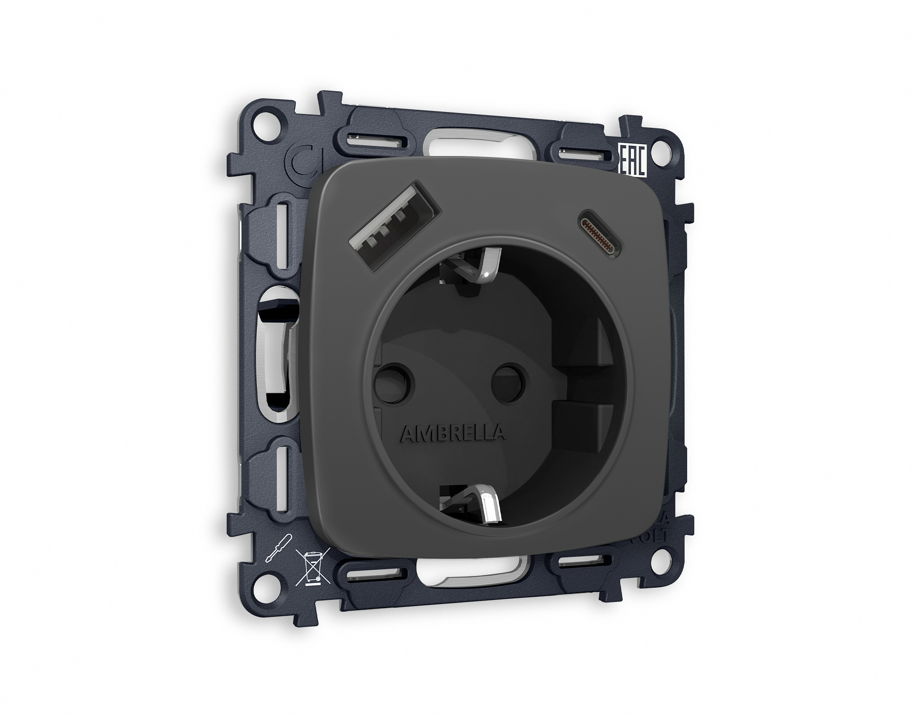 MO910010 Комплект механизма электрической розетки OMEGA Графит мягкое касание 2USB A+C 20W (быстрая зарядка) с/з QUANT (OP9100, VM160)