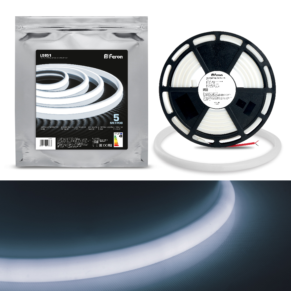 Cветодиодная неоновая LED лента Feron LS651, 180SMD(2835)/м 14.4Вт/м  5м IP68 12V 6500К Cветодиодная неоновая LED лента Feron LS651, 180SMD(2835)/м 14.4Вт/м  5м IP68 12V 6500К