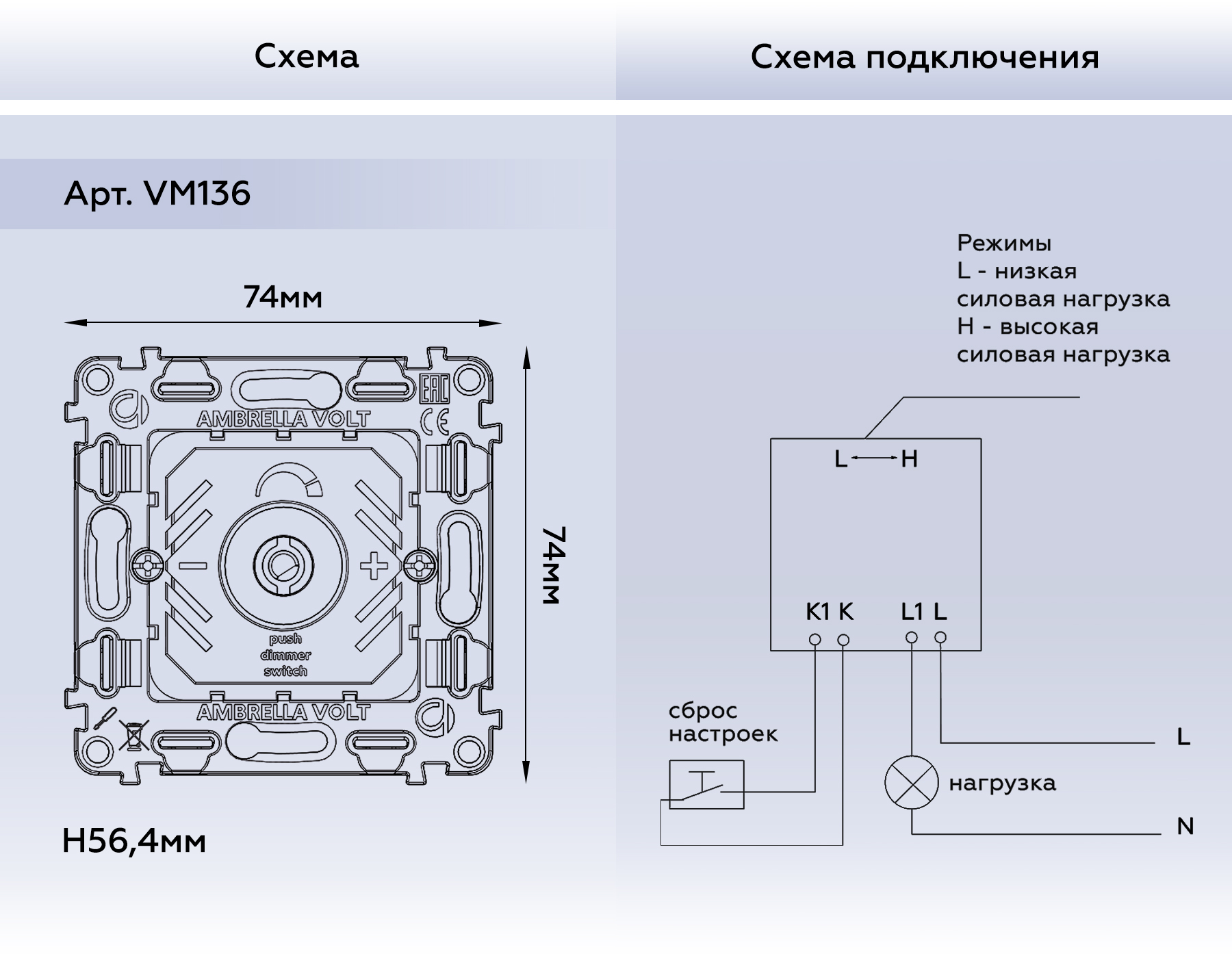 VM136 Механизм светорегулятора универсального поворотно-нажимного 25-600W/LED 5-300W QUANT (EXTRA CONTROL)