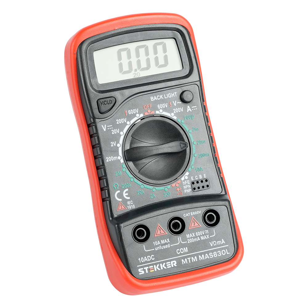 MTM MAS830L Мультиметр цифровой, 1999 отсчетов, батарея крона, ручная регулировка, черный/красный, TM STEKKER