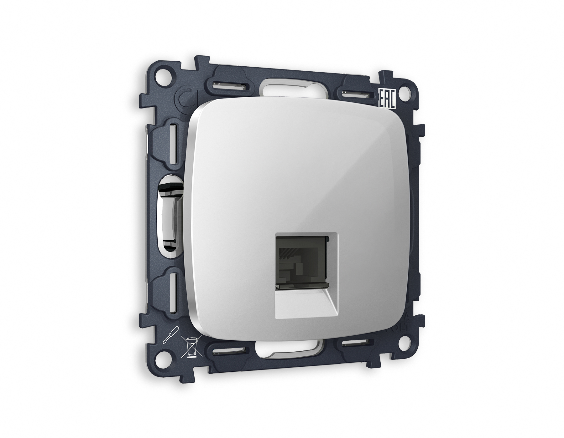 MO412030 Комплект механизма телефонной розетки OMEGA Серебро глянец RJ-11(4P4C) с шторкой QUANT (OP4120, VM190)