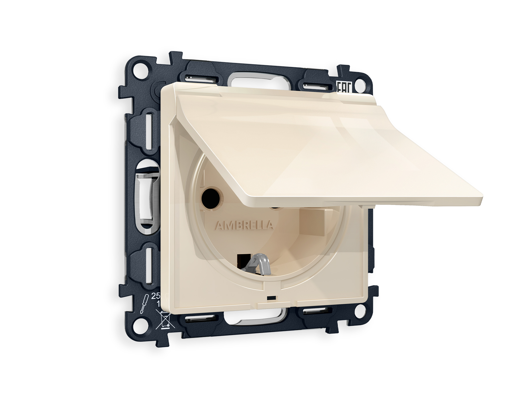 MA308010 Комплект механизма электрической розетки ALFA Бежевый глянец с/з с шторками и крышкой IP44 QUANT (AP3080, VM141)