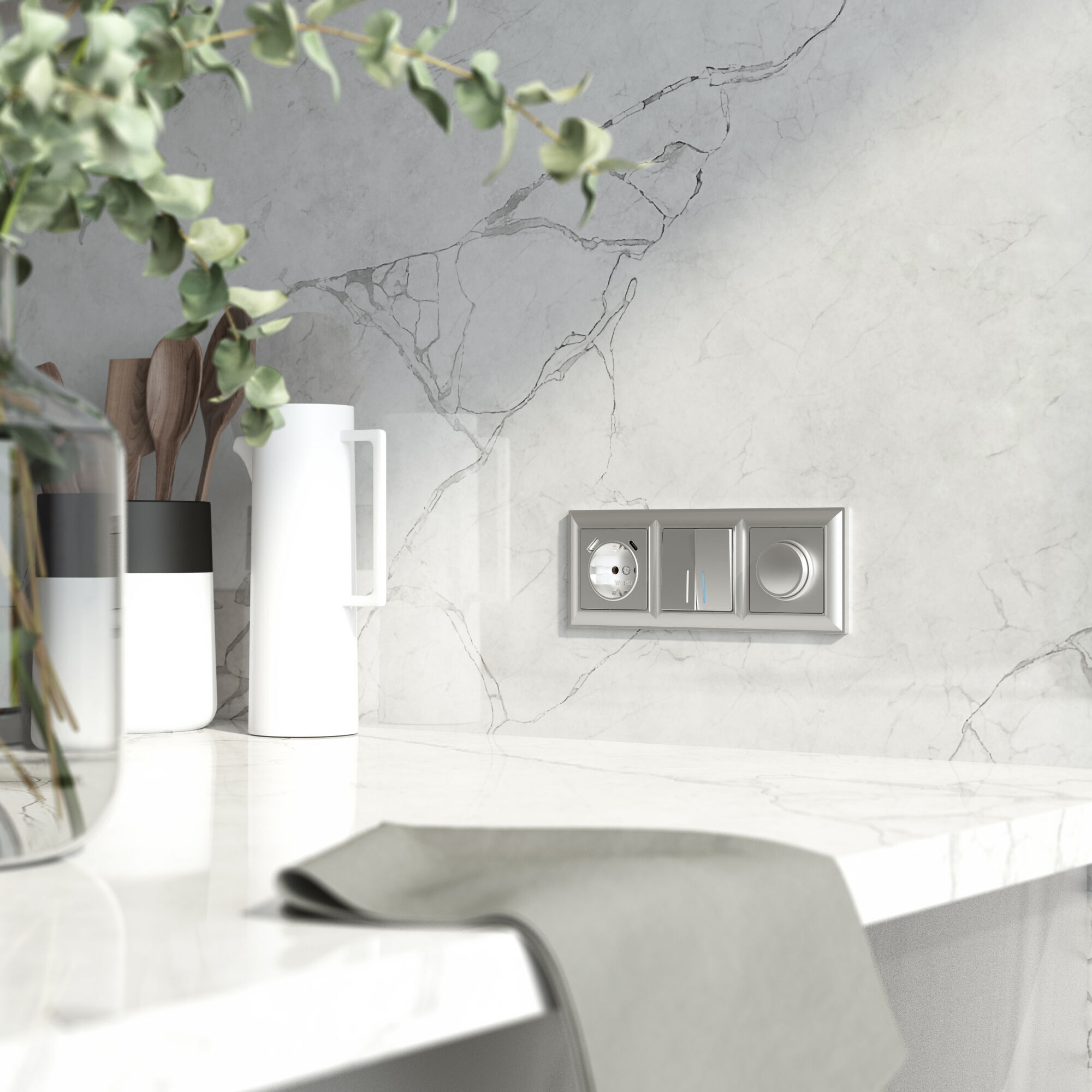 Розетка с заземлением, шторками и USB тип A+C WERKEL (серебряный) W1171706