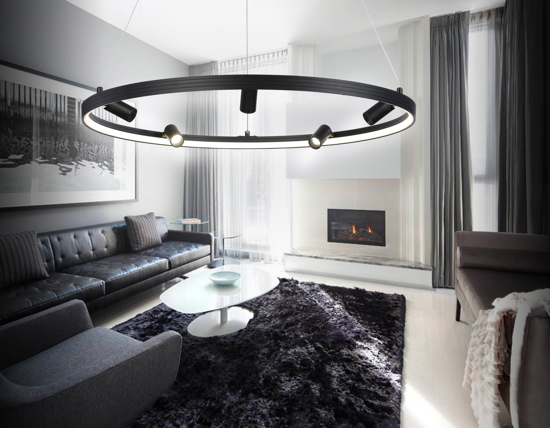 Подвесной LED светильник FL5289/1+5 BK черный 72W 3000K/4200K/6400K+4200K D700*1200 (ПДУ ИК)