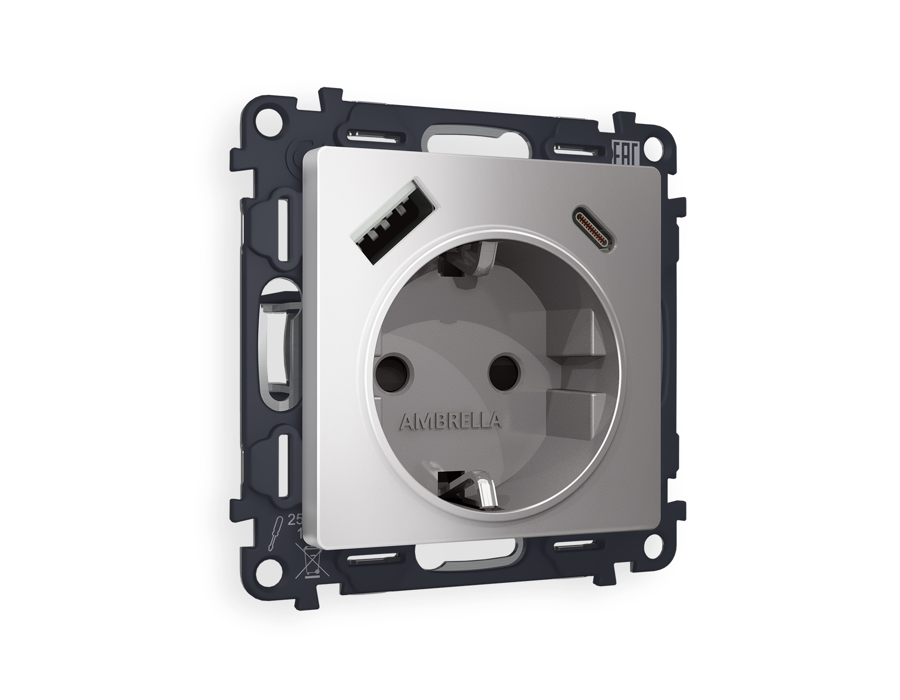 MA510010 Комплект механизма электрической розетки ALFA Сталь матовый 2USB A+C 20W (быстрая зарядка) с/з QUANT (AP5100, VM160)