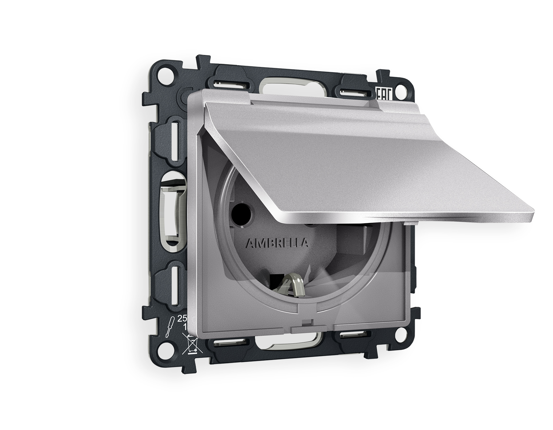 MA508010 Комплект механизма электрической розетки ALFA Сталь матовый  с/з с шторками и крышкой IP44 QUANT (AP5080, VM141)