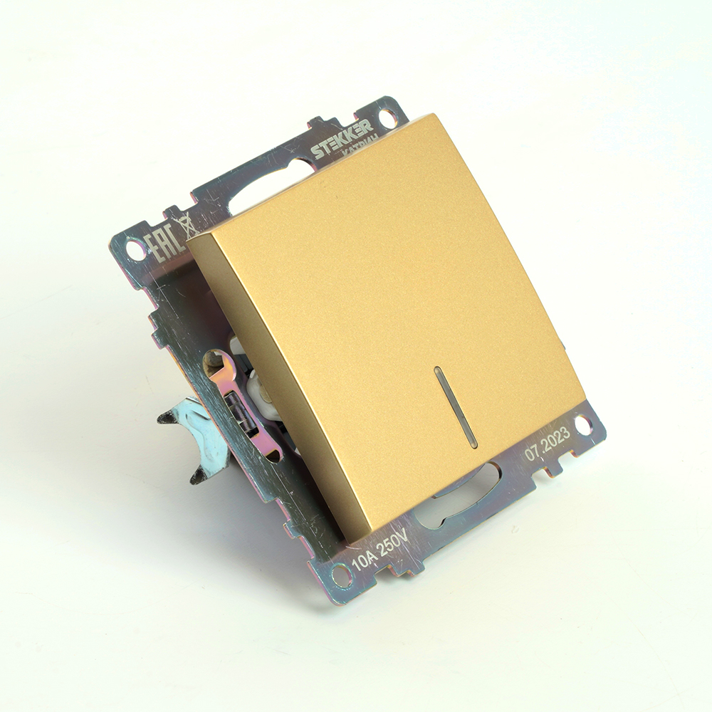 Выключатель 1-клавишный c индикатором (механизм), STEKKER, GLS10-7101-08, 250В, 10А, серия Катрин, золото