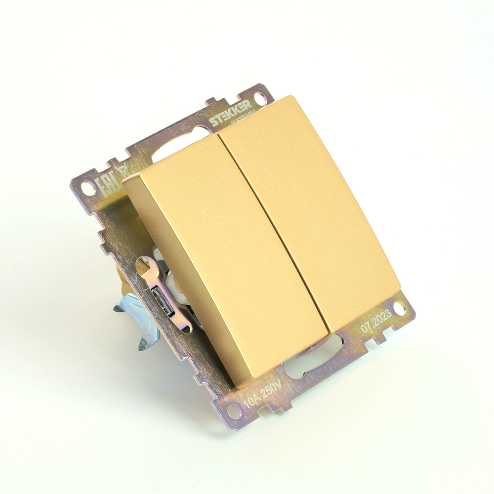 Выключатель 2-клавишный (механизм) STEKKER, GLS10-7104-08, 250В,10А, серия Катрин, золото