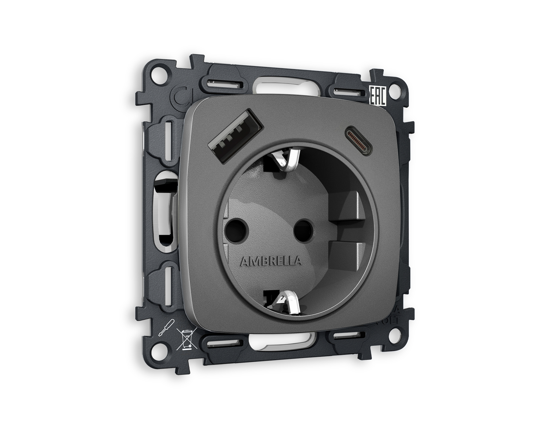 MO660010 Комплект механизма электрической розетки OMEGA Антрацит серый 2USB A+C 20W (быстрая зарядка) с/з QUANT (OP6600, VM160)