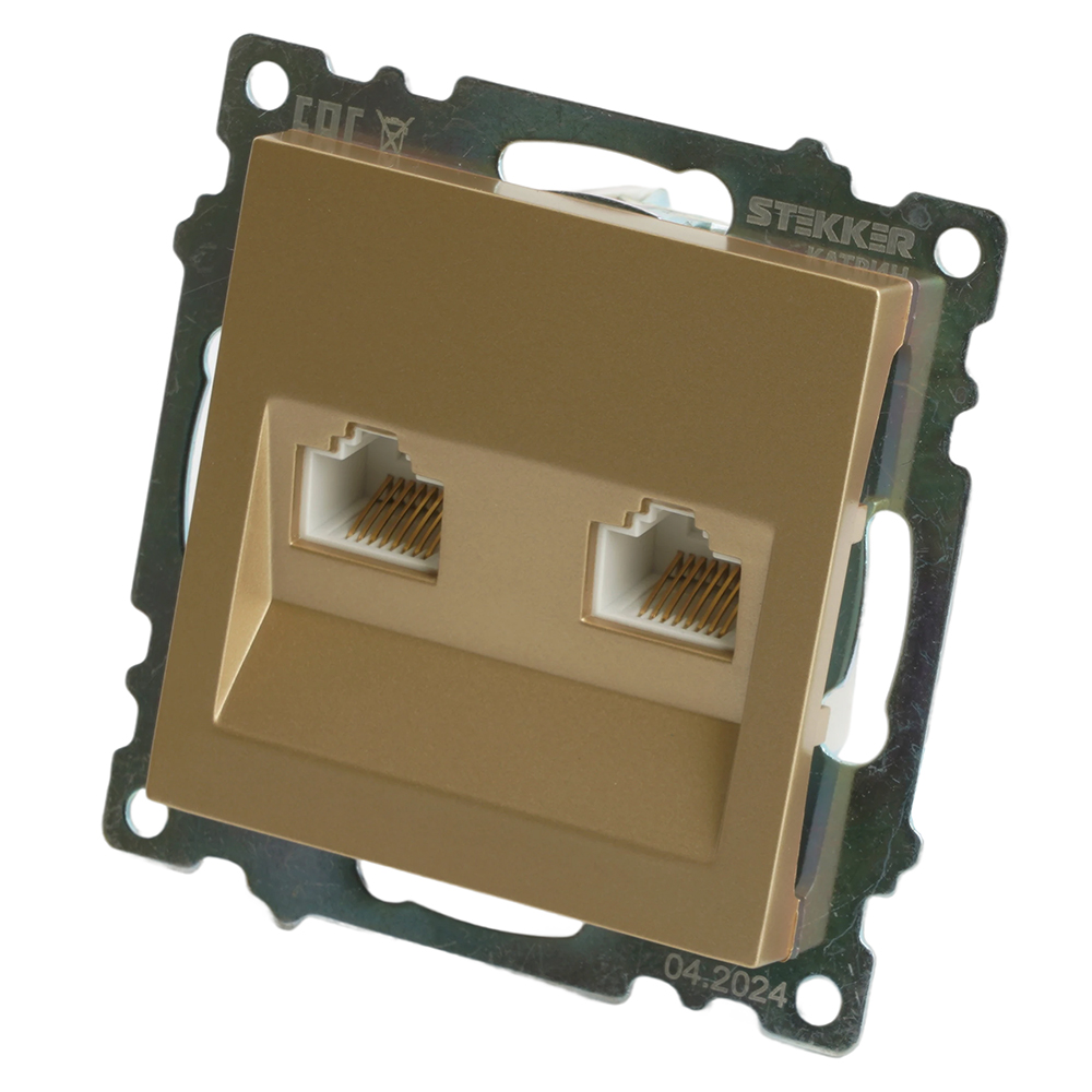Розетка компьютерная 2-местная RJ-45 (механизм) STEKKER GLS00-7109-08, серия Катрин, золото
