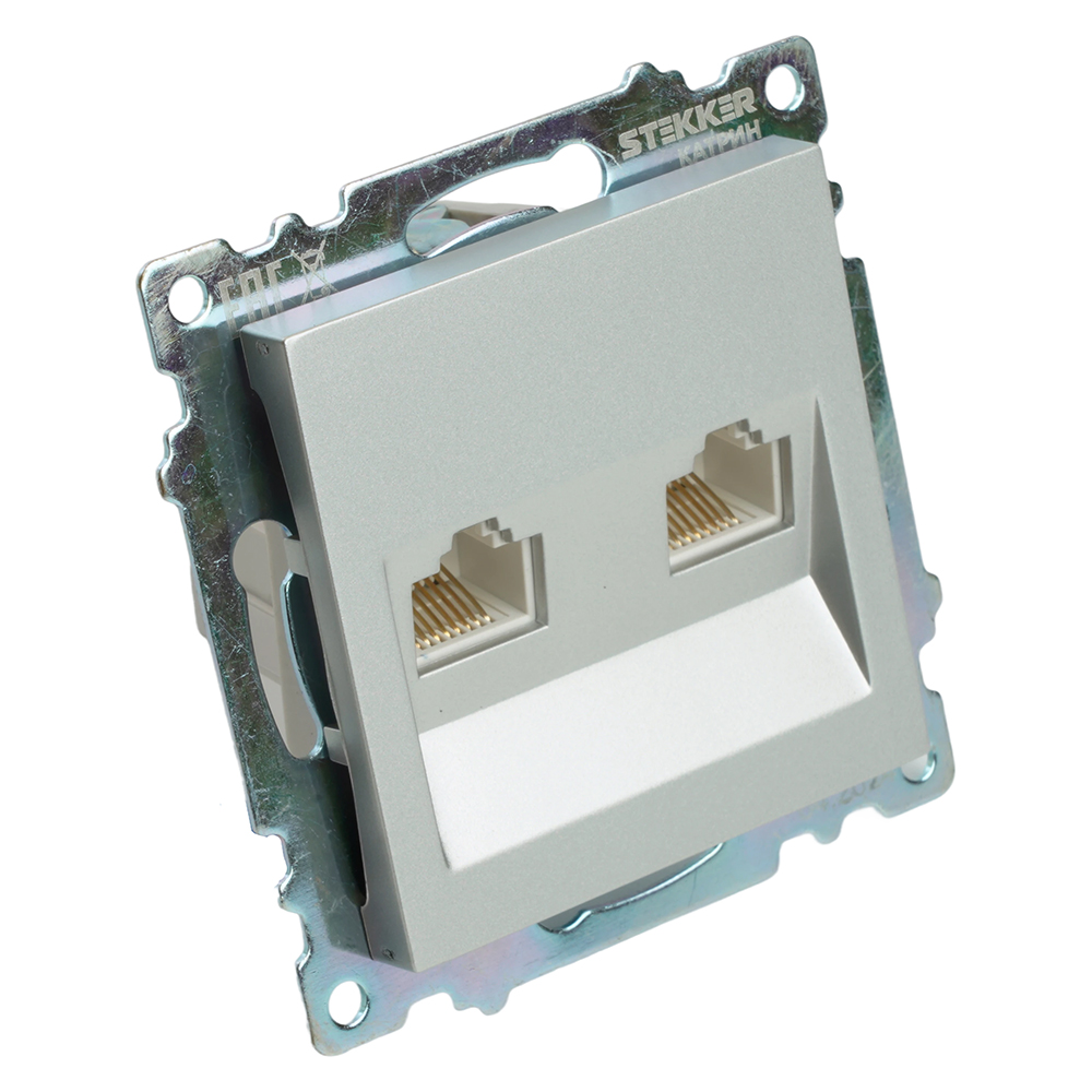 Розетка компьютерная 2-местная RJ-45 (механизм) STEKKER GLS00-7109-03 , серия Катрин, серебро