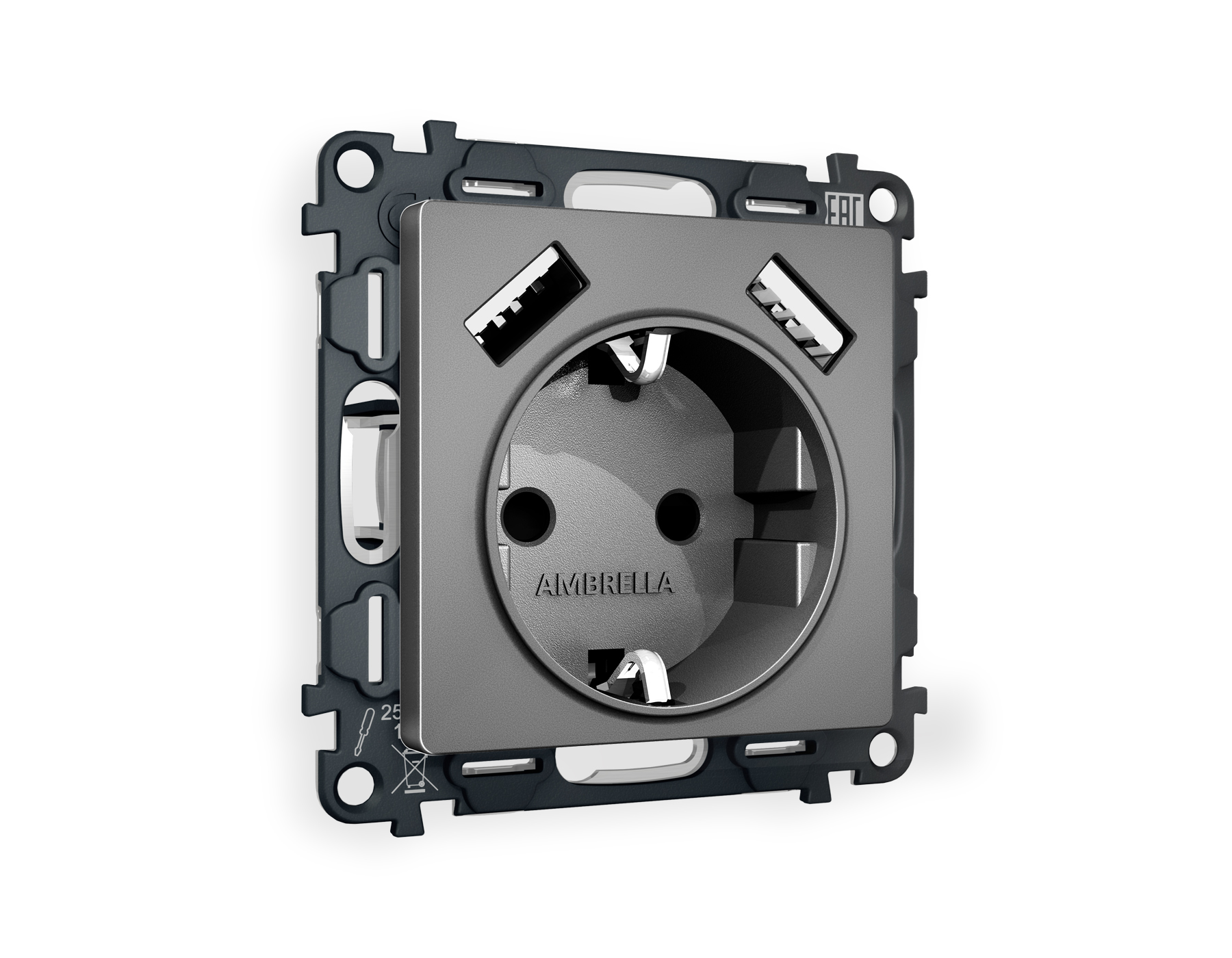 MA659010 Комплект механизма электрической розетки ALFA Антрацит серый 2USB A+A 18W (быстрая зарядка) с/з QUANT (AP6590, VM155)