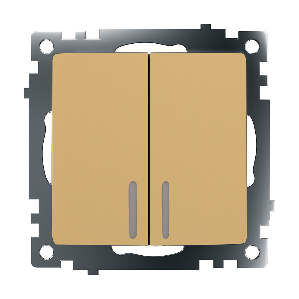Выключатель 2-клавишный c индикатором (механизм) STEKKER, GLS10-7102-08, 250В, 10А, серия Катрин, золото