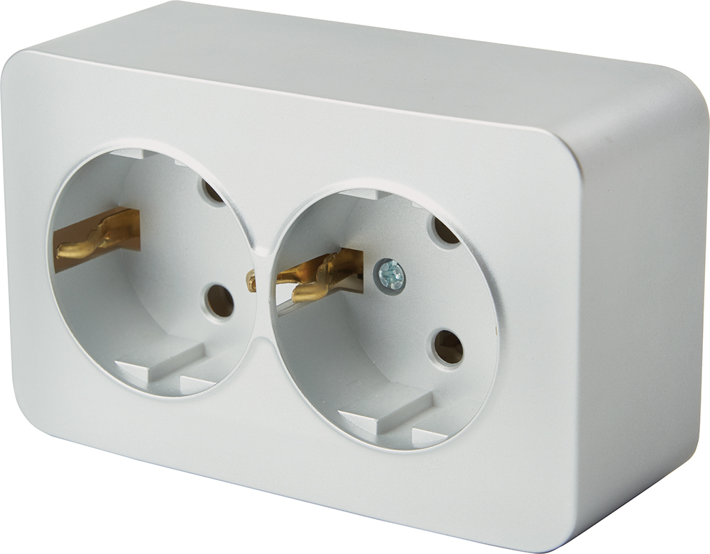 Розетка 2-местная с/з открытой установки, STEKKER, 250В, 16А, IP20, серия София, серебро, MST16-12-03