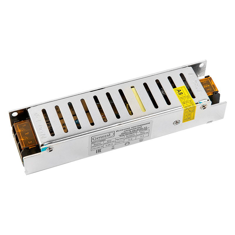 Блок питания для светодиодной ленты компактный GENERAL SLIM 60W IP20 12V Блок питания для светодиодной ленты компактный GENERAL SLIM 60W IP20 12V