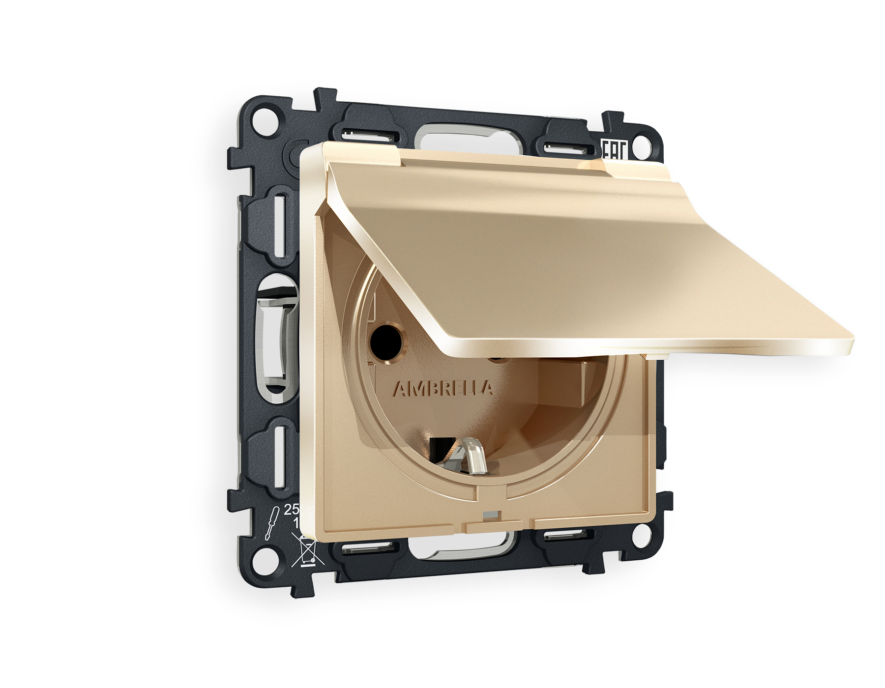 MA608010 Комплект механизма электрической розетки ALFA Шампань с/з с шторками и крышкой IP44 QUANT (AP6080, VM141)