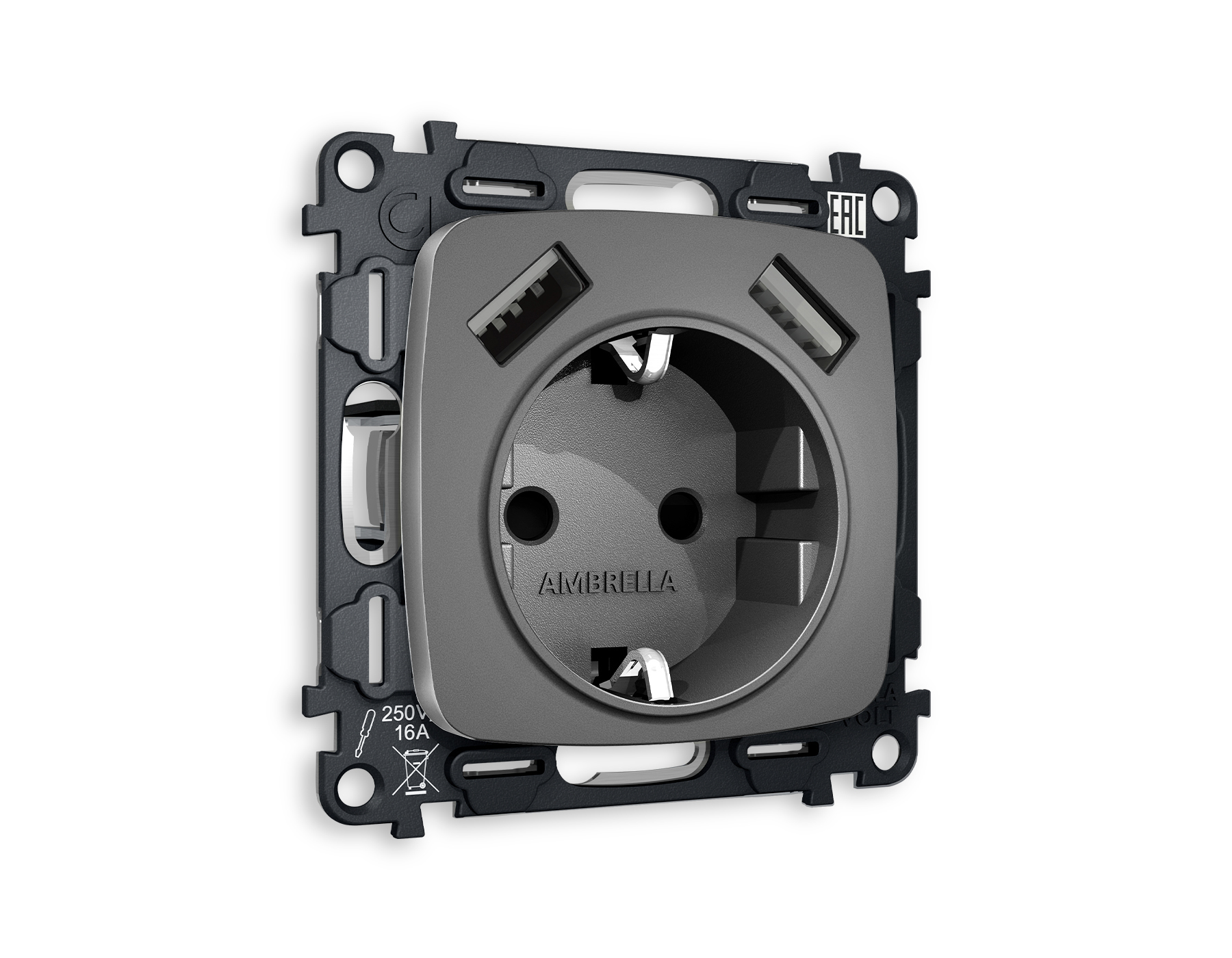 MO659010 Комплект механизма электрической розетки OMEGA Антрацит серый 2USB A+A 18W (быстрая зарядка) с/з QUANT (OP6590, VM155)