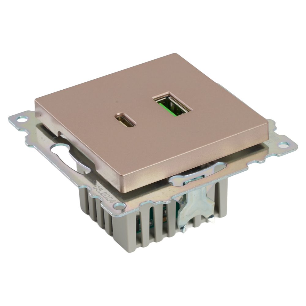 Розетка 2-местная USB + type C (механизм), STEKKER GLS10-7116-02, 250B, 3A, max 20W, серия Катрин, шампань