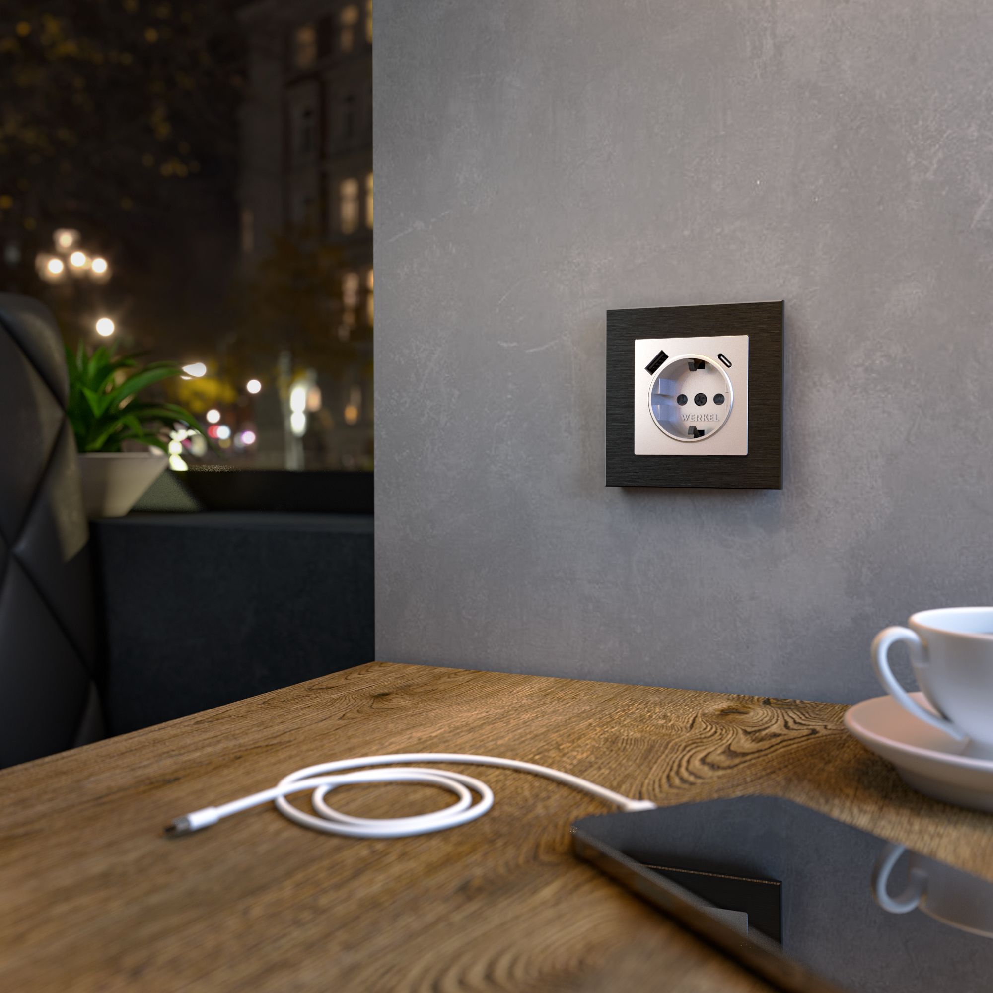 Розетка с заземлением, шторками и USB тип A+C WERKEL (серебряный) W1171706