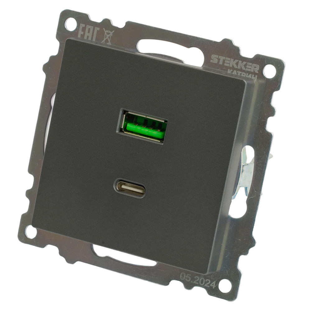 Розетка 2-местная USB + type C (механизм), 250В, 3А, max 20W, серия Катрин, графит, GLS10-7116-06