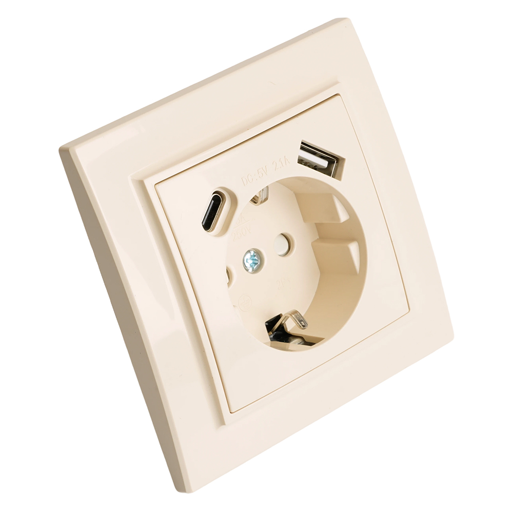 Розетка 1-местная с/з STEKKER, PST16-9016-02, 250В, 16А с USB+ type C, серия Эрна, слоновая кость
