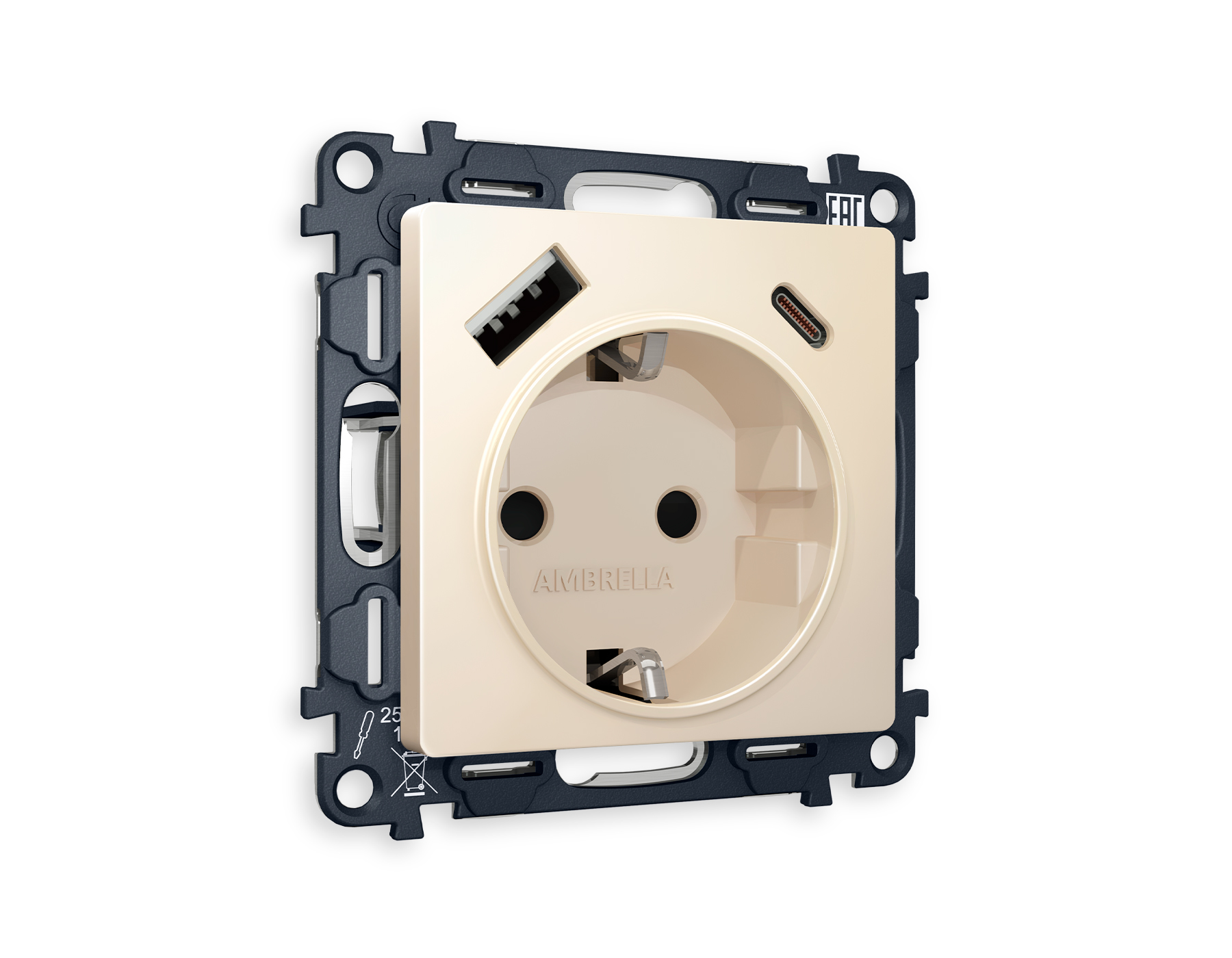 MA330010 Комплект механизма электрической розетки ALFA Бежевый матовый 2USB A+C 20W (быстрая зарядка) с/з QUANT (AP3300, VM160)