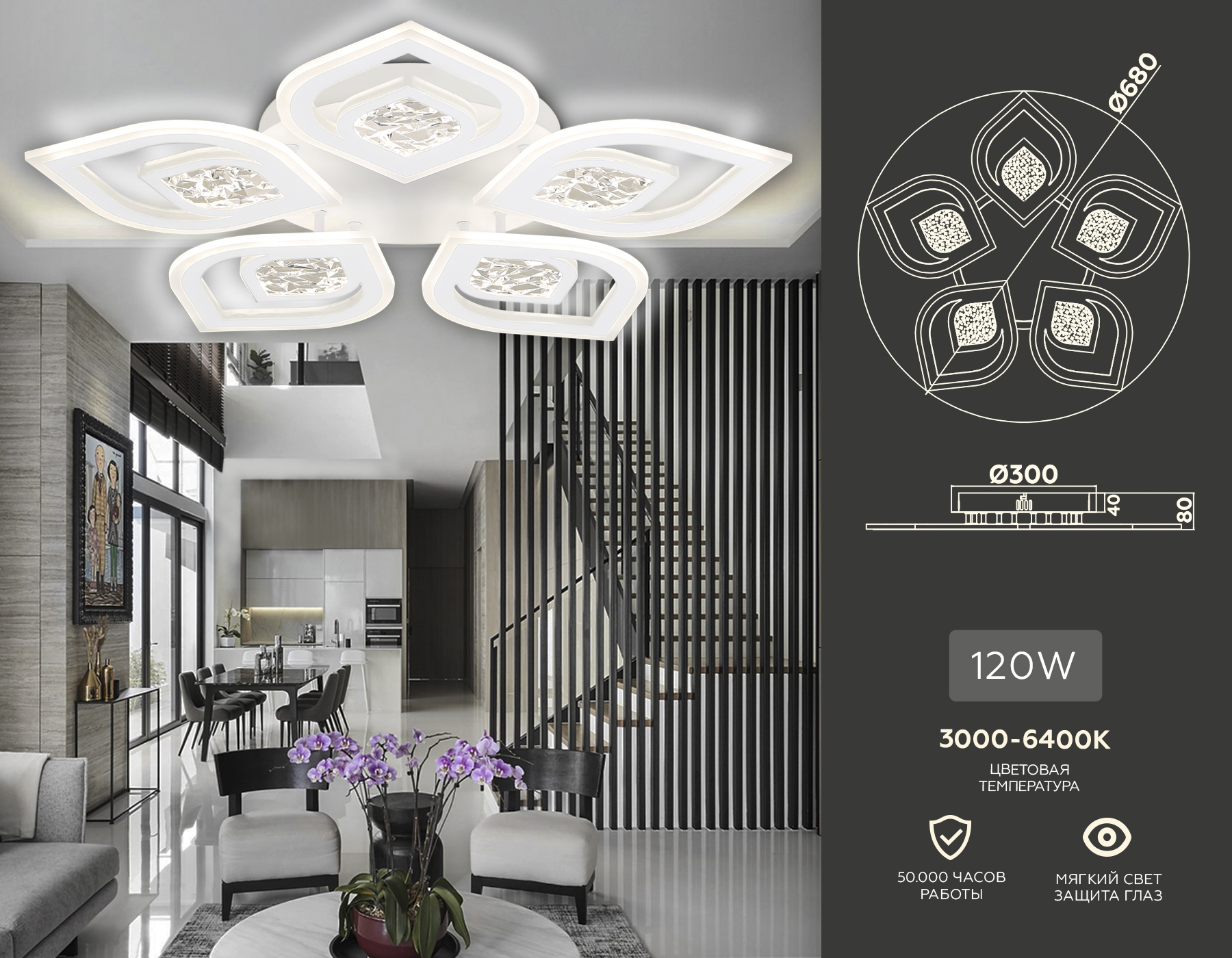 Потолочный LED светильник FA4292/5 WH белый 120W 3000K+6400K/4200K/6400K+3000K D680*80 (ПДУ ИК)