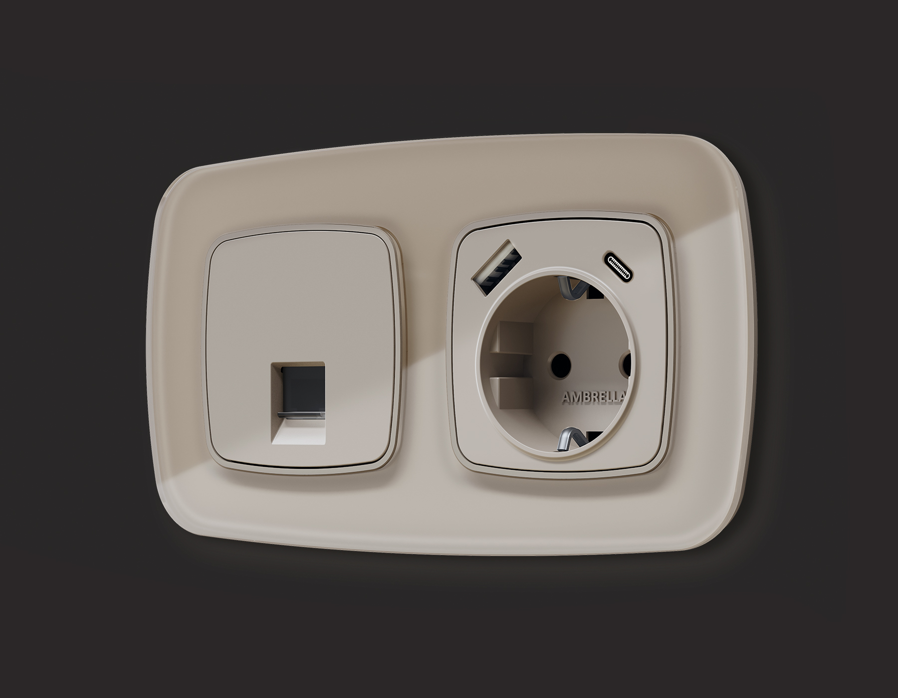 OP3700 Лицевая панель OMEGA (Серо-бежевый матовый) для электрической розетки с/з со шторками 2USB тип A+C QUANT