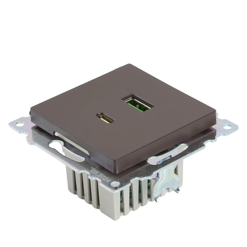Розетка 2-местная USB + type C, STEKKER GLS10-7116-04, 250В, 3А, max 20W,серия Катрин, шоколад