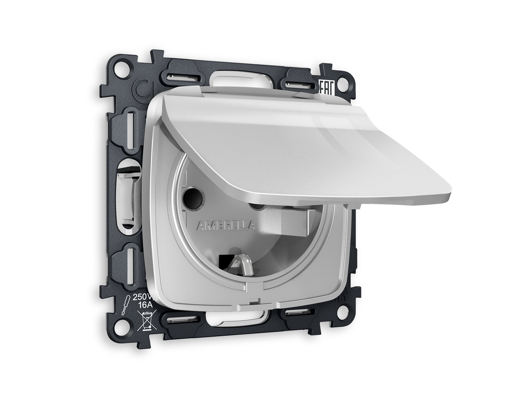 MO408010 Комплект механизма электрической розетки OMEGA Серебро глянец с/з с шторками и крышкой IP44 QUANT (OP4080, VM141)