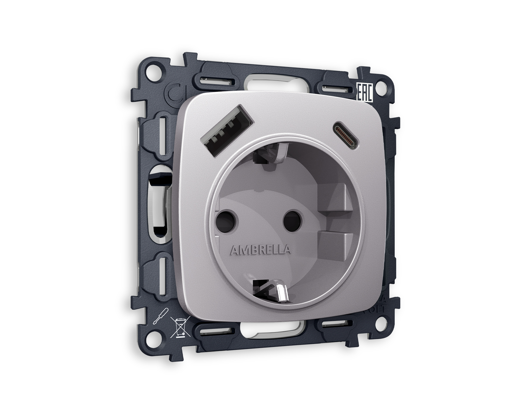 MO510010 Комплект механизма электрической розетки OMEGA Сталь матовый 2USB A+C 20W (быстрая зарядка) с/з QUANT (OP5100, VM160)