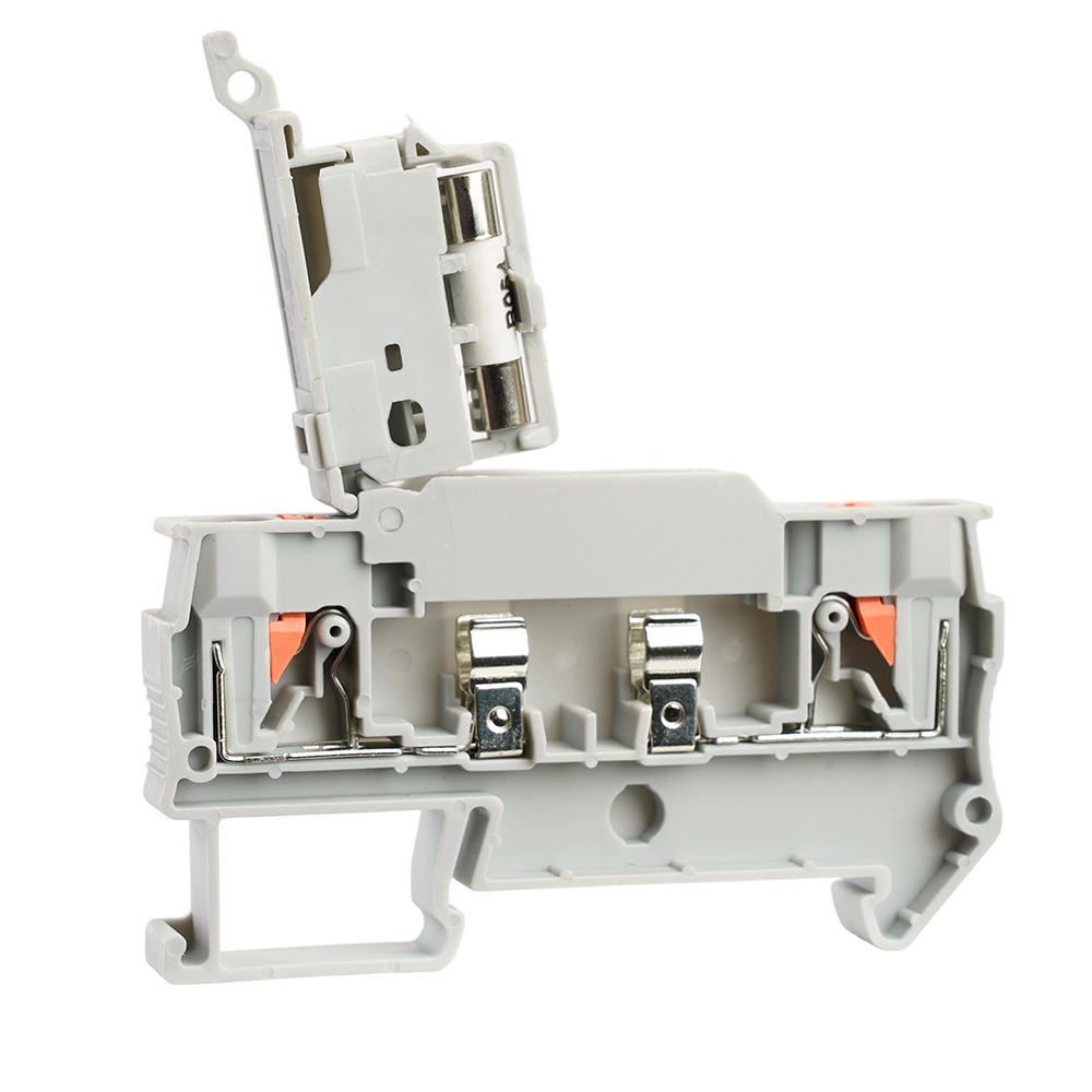 Зажим самозажимной STEKKER, 2-проводной проходной 4,0 мм² (JXB PT 4) c размыкателем и предохранителем, LD572-1-01, серый