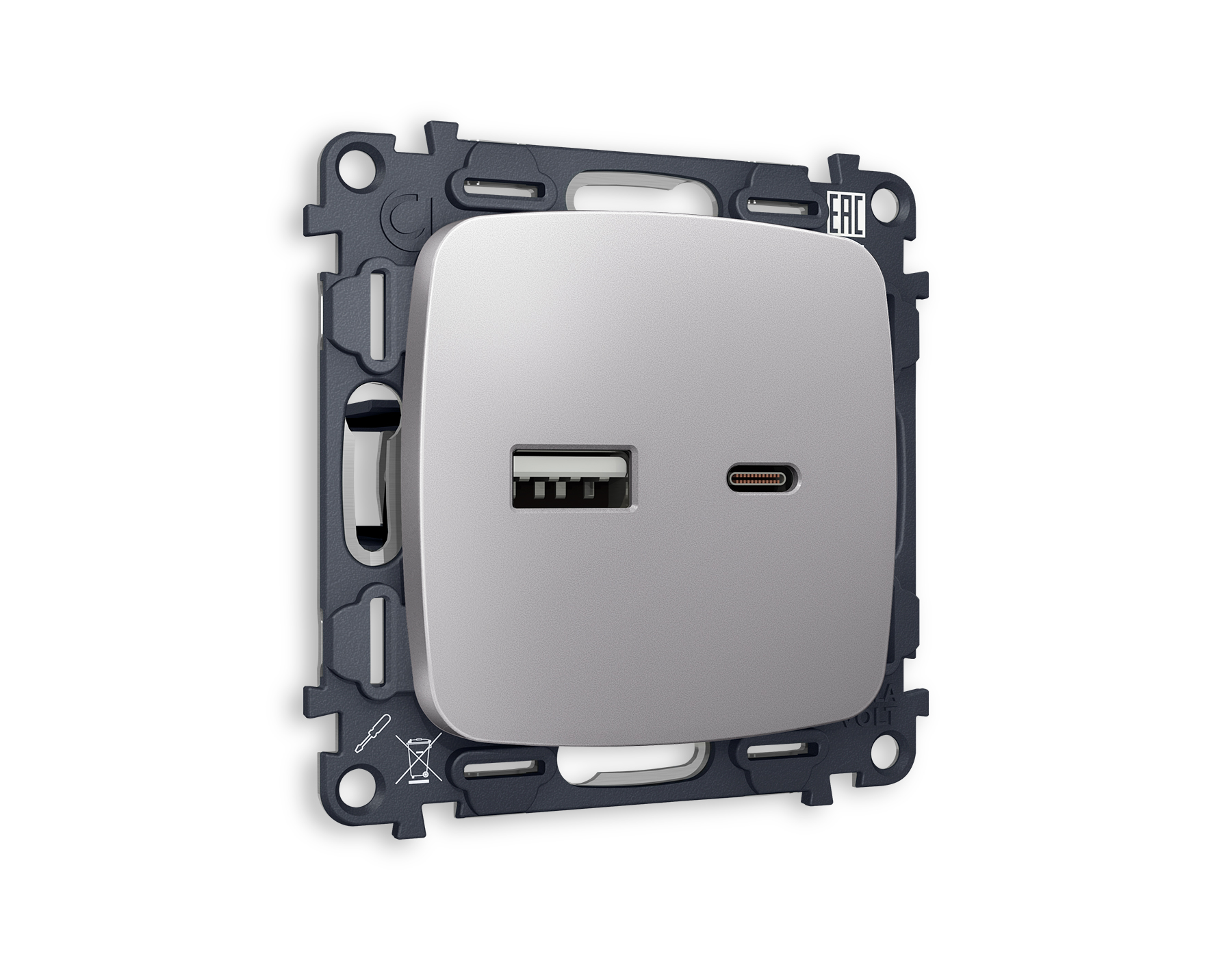 MO511010 Комплект механизма розетки OMEGA Сталь матовый 2USB A+C 20W 3000mA (быстрая зарядка) QUANT (OP5110, VM177)