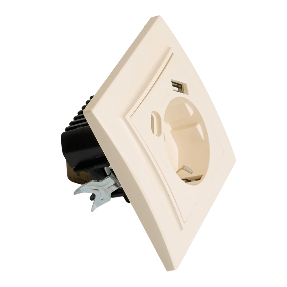 Розетка 1-местная с/з STEKKER, PST16-9016-02, 250В, 16А с USB+ type C, серия Эрна, слоновая кость