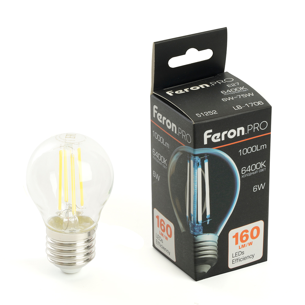 Лампа светодиодная Feron.PRO LB-1706 Шарик E27 1000LM 6W 175-265V 6400K Лампа светодиодная Feron.PRO LB-1706 Шарик E27 1000LM 6W 175-265V 6400K
