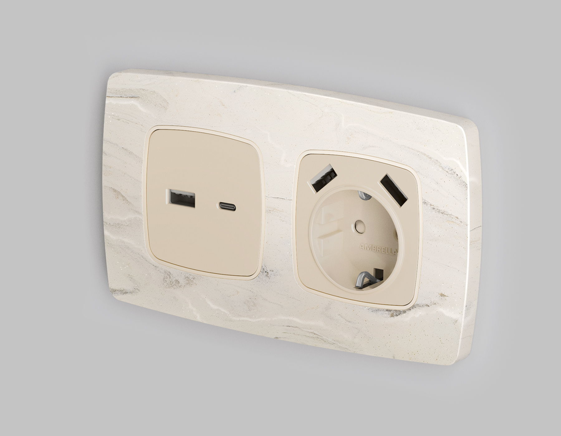 OP3290 Лицевая панель OMEGA (Бежевый матовый) для электрической розетки с/з со шторками 2USB A+A QUANT