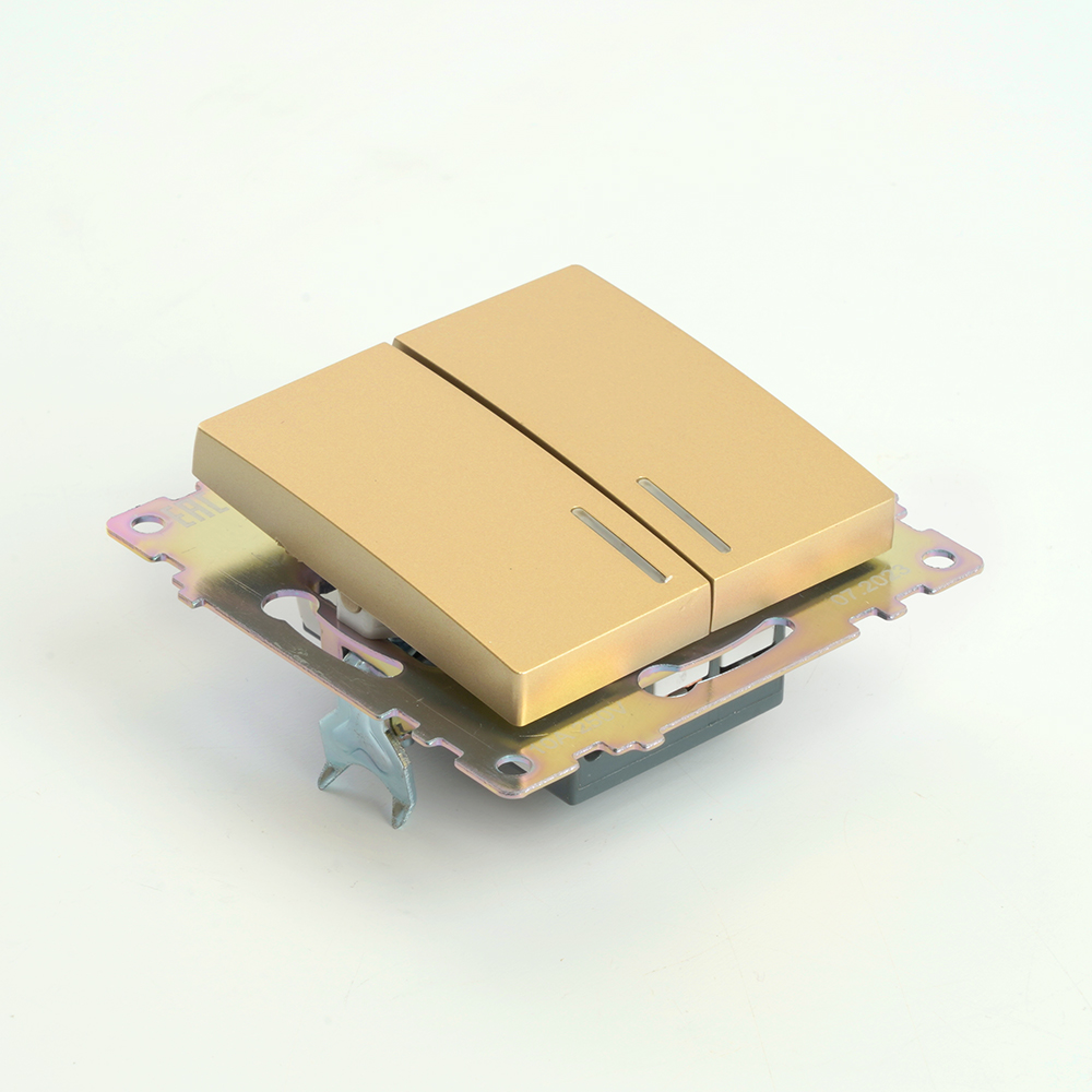 Выключатель 2-клавишный c индикатором (механизм) STEKKER, GLS10-7102-08, 250В, 10А, серия Катрин, золото