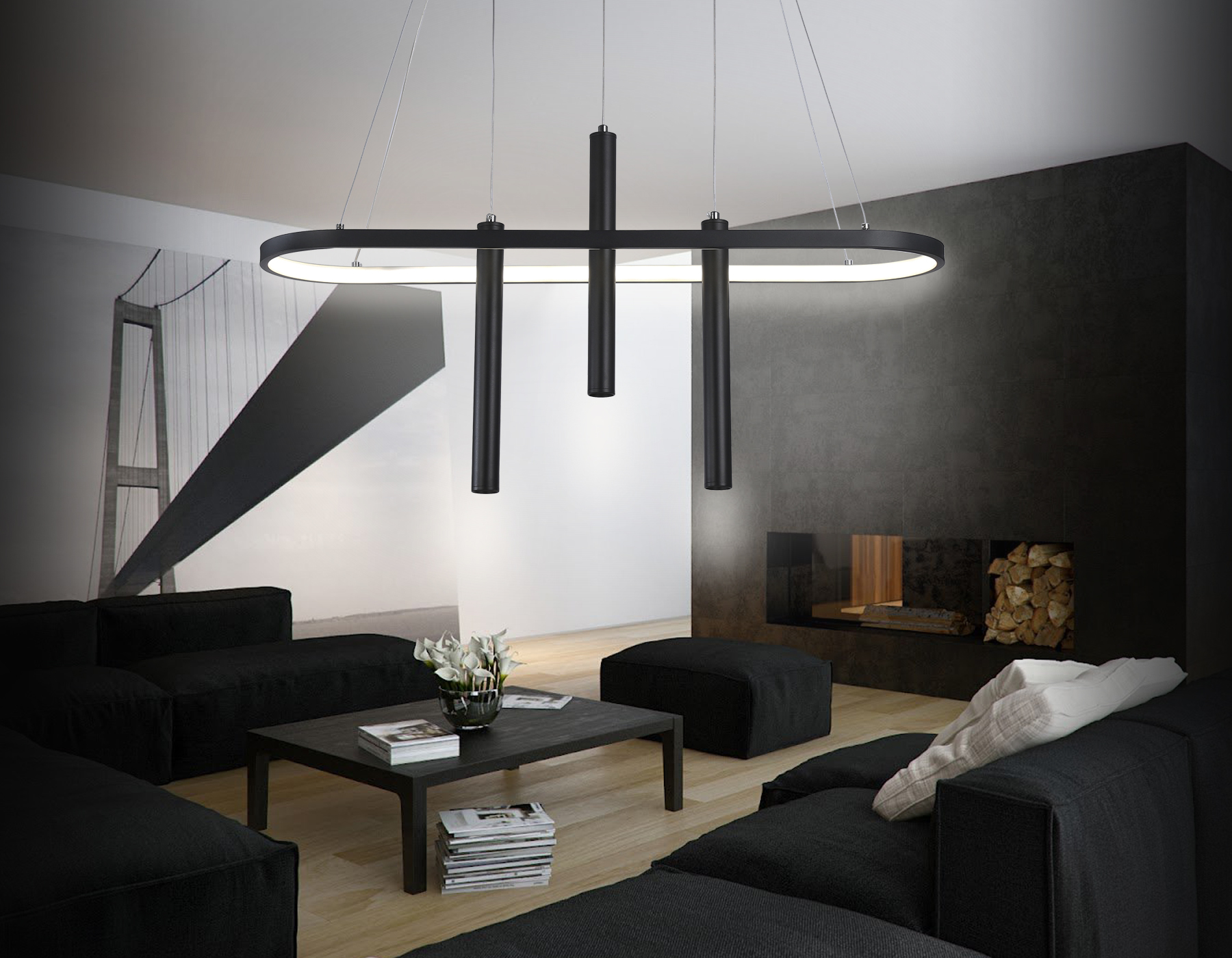 Подвесной LED светильник FL5386/1+3 BK черный 57W 3000K/4200K/6400K+4200K 800*200*1200 (ПДУ ИК)