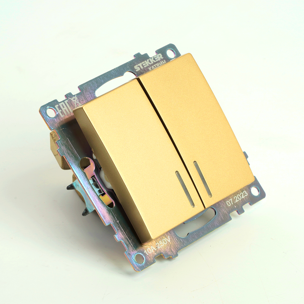 Выключатель 2-клавишный c индикатором (механизм) STEKKER, GLS10-7102-08, 250В, 10А, серия Катрин, золото